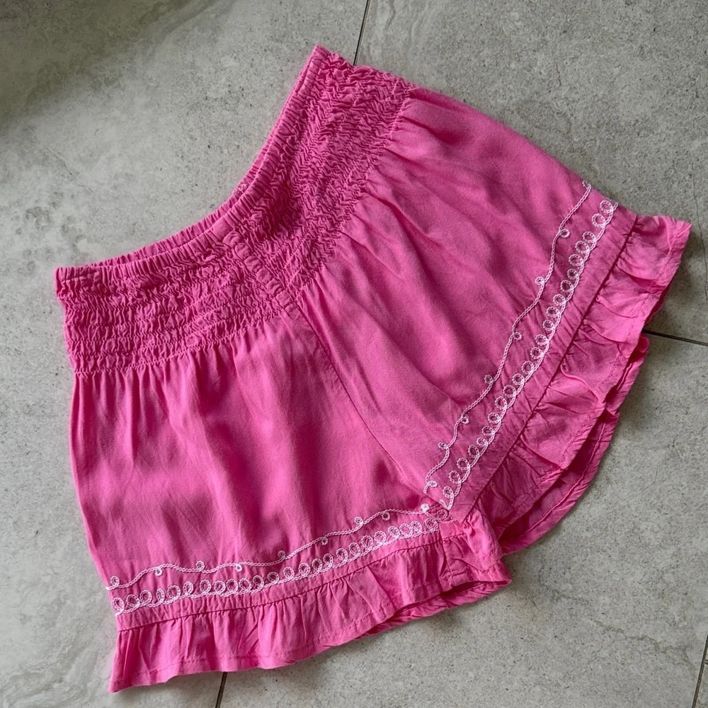 Haven Girl Pink Smocked Waist Ruffle Hem Shorts with White Embroidery sz 10